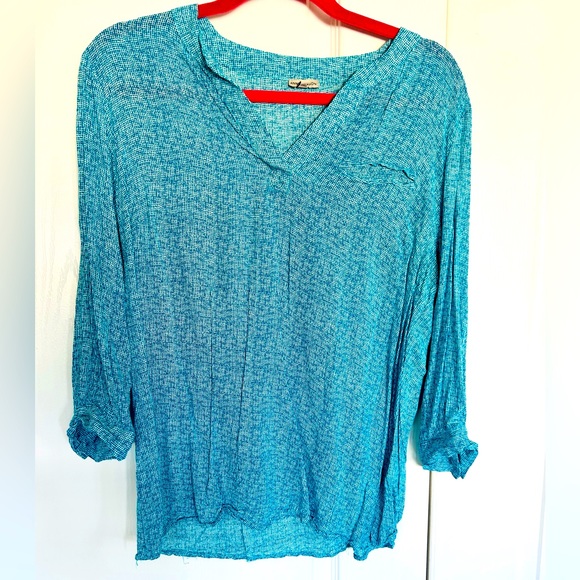 Ann Carson blouse. Turquoise and white , size large . 3/4 sleeves with button - Picture 1 of 5
